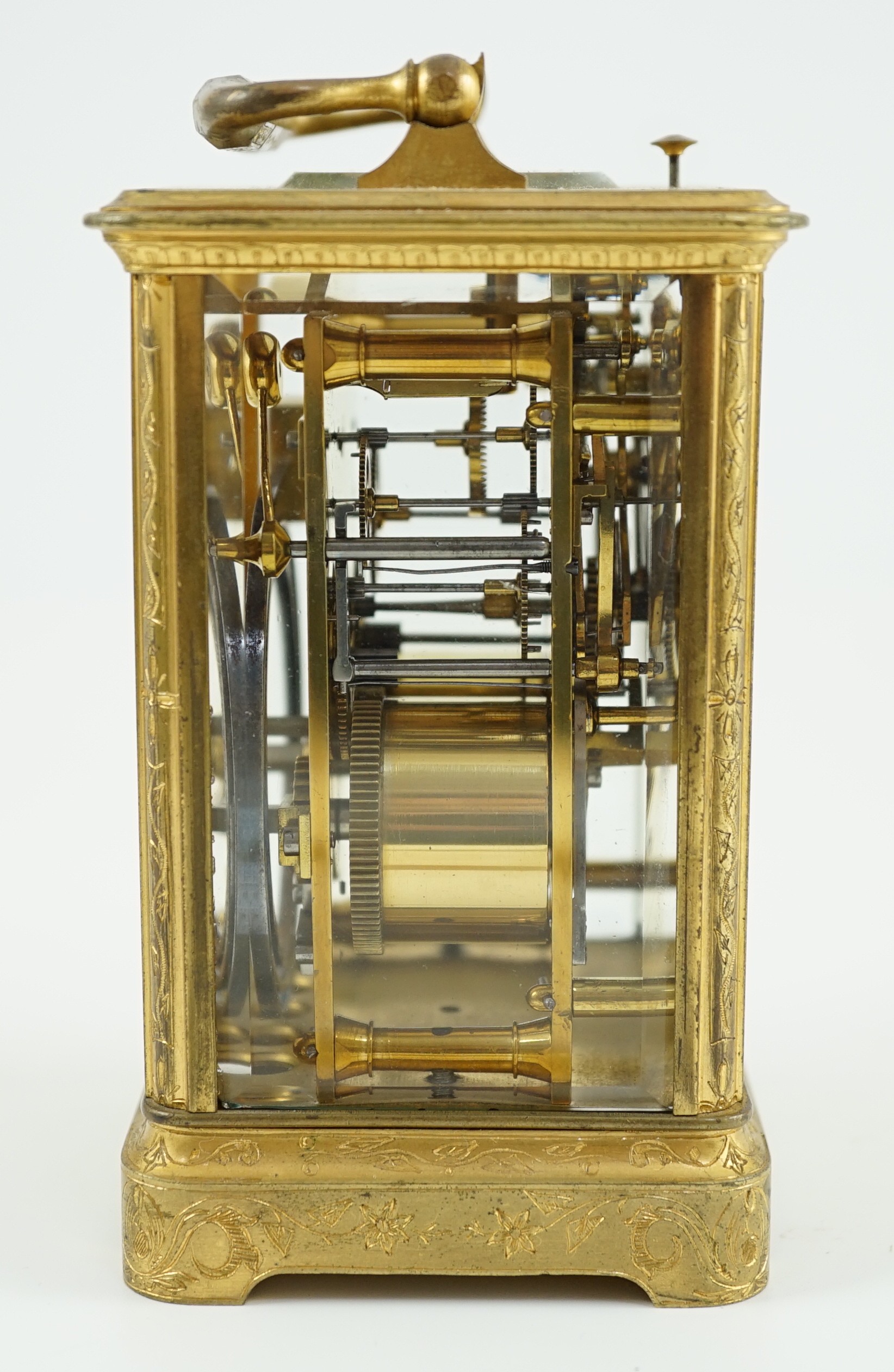 A late 19th century French gilt brass repeating carriage clock, width 8cm depth 7.5cm height 13cm